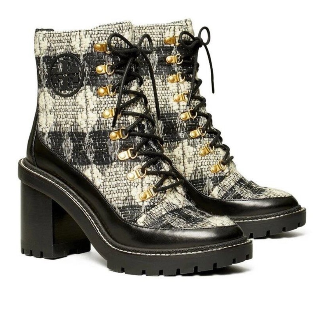 Tory Burch Black and Cream Tweed Lace-Up Block Heel Ankle Boots - Picture 1 of 8